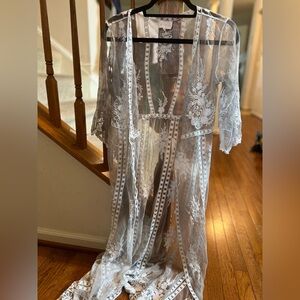 Sheer Embroidered Lace Duster Kimono in Light Gray